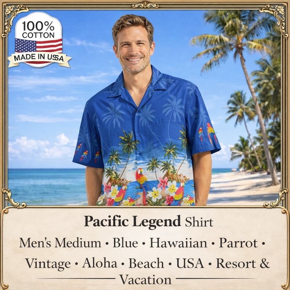 Pacific Legend Shirt‎ Mens Medium Blue Hawaiian Parrot Vintage Aloha Beach USA